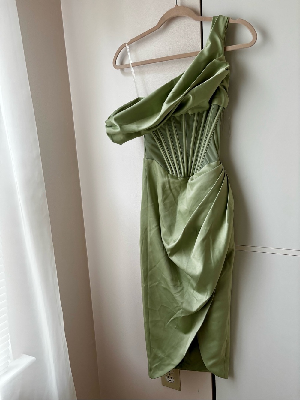 House of CB Lulu Pistachio / Sage Green Corset Midi Dress Asymmetric Drape XS - Picture 2 of 4